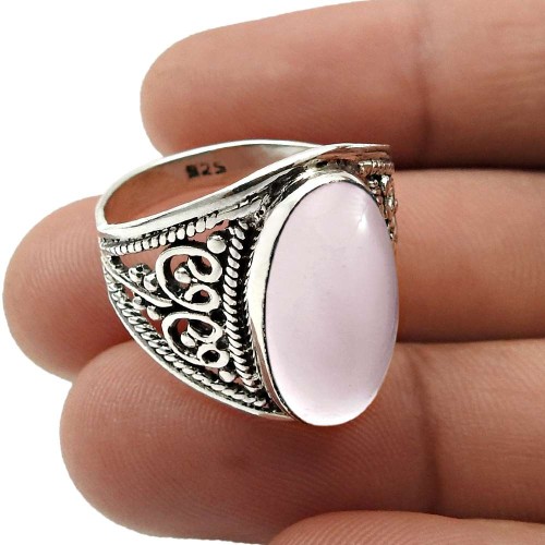 Rose Quartz Gemstone Handmade Jewelry 925 Sterling Silver Ring Size 9 L14