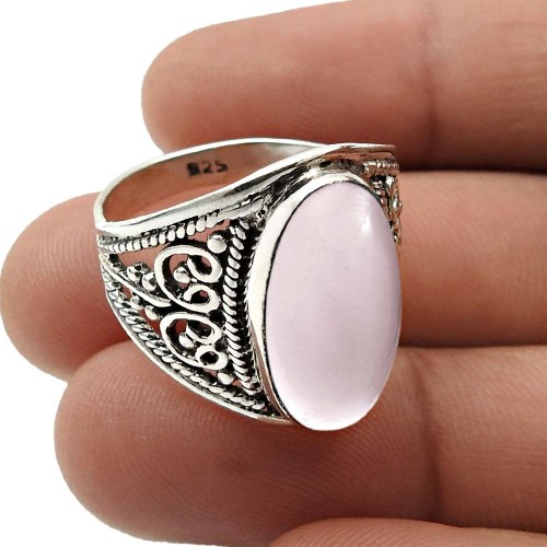 925 Fine Silver Jewelry Rose Quartz Gemstone Ring For Girls Size 7.5 N14