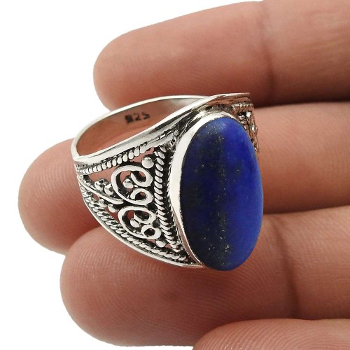925 Sterling Silver Jewelry For Women Oval Lapis Gemstone Ring Size 8.5 R14