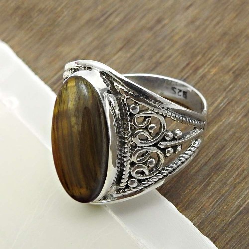 Tiger'S Eye Gemstone Jewelry For Girls 925 Silver Ring Size 6.5 B15