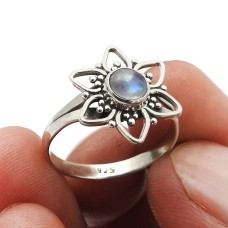 Rainbow Moonstone Gemstone Flower Ring Size 6.5 925 Silver Fine Jewelry B3