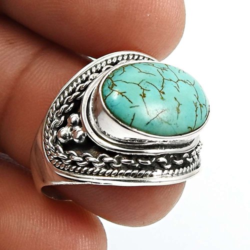 925 Sterling Silver Jewelry Turquoise Gemstone Ring Size 8 C11