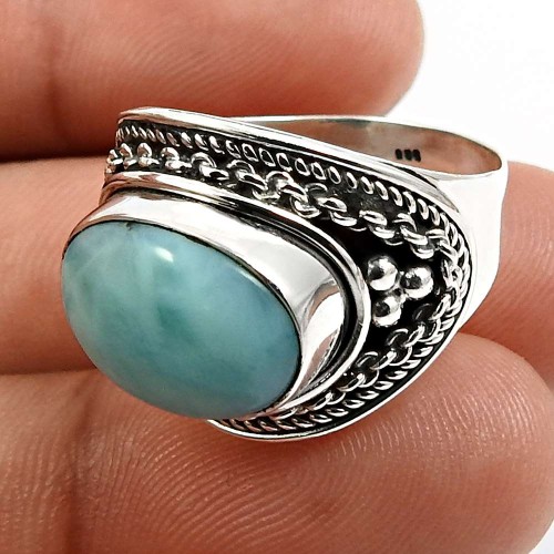 925 Sterling Fine Silver Jewelry Larimar Gemstone Ring Size 8 V34