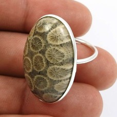 Fossil Coral Gemstone Jewelry 925 Fine Sterling Silver Ring Size 6 S7