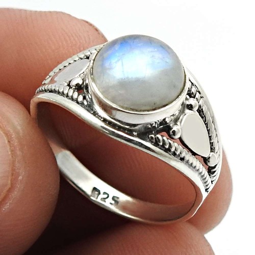 Rainbow Moonstone Gemstone Ring Size 6.5 925 Sterling Silver Fine Jewelry B36