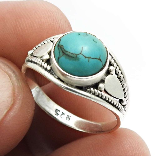 Turquoise Gemstone Jewelry 925 Sterling Silver Ring Size 6.5 J36