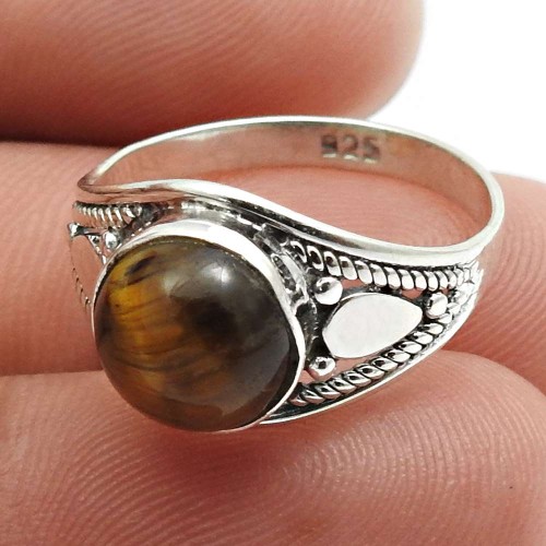 Tiger'S Eye Gemstone Ring Size 6.5 925 Sterling Silver Fine Jewelry C40