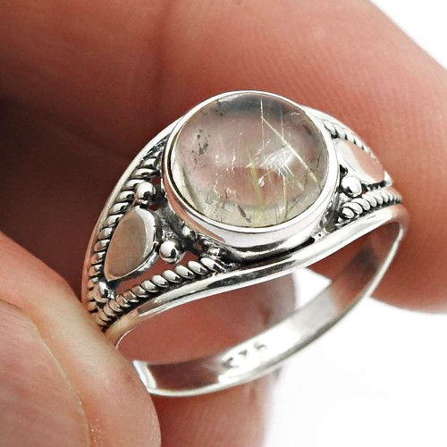 925 Sterling Fine Silver Jewelry Golden Rutile Gemstone Ring Size 6 C35