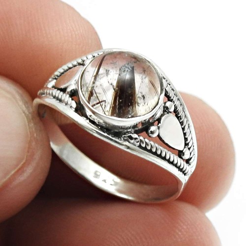 925 Sterling Fine Silver Jewelry Golden Rutile Gemstone Ring Size 7 E35