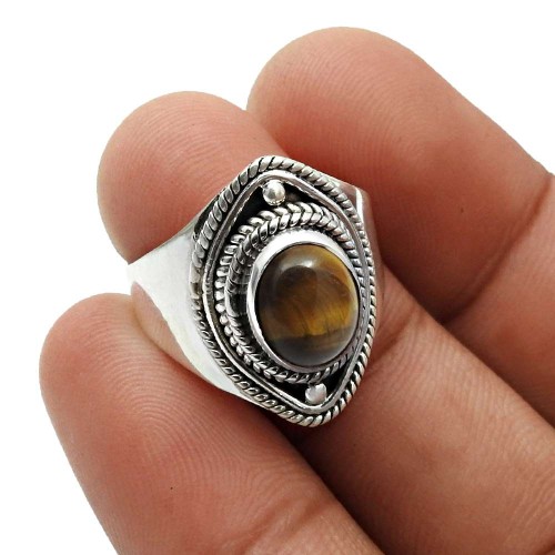 Tiger'S Eye Gemstone Jewelry 925 Fine Sterling Silver Ring Size 6 G47