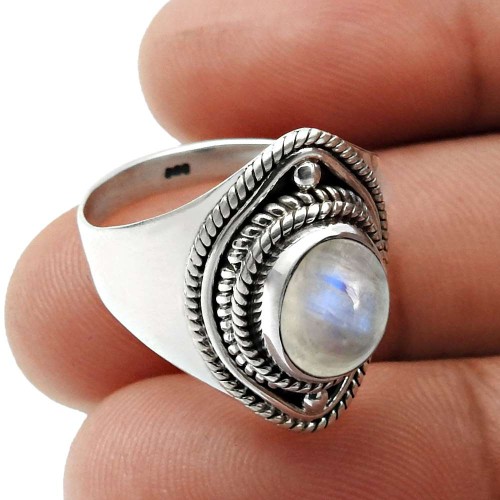 Rainbow Moonstone Gemstone Jewelry 925 Fine Sterling Silver Ring Size 8 B46