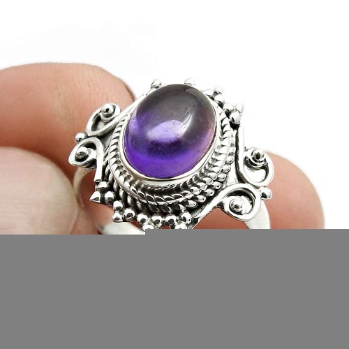 925 Sterling Fine Silver Jewelry Amethyst Gemstone Ring Size 6 F50