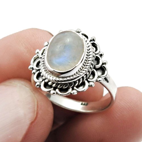 Wedding Gift 925 Sterling Silver Jewelry Rainbow Moonstone Gemstone Ring Size 9 C52