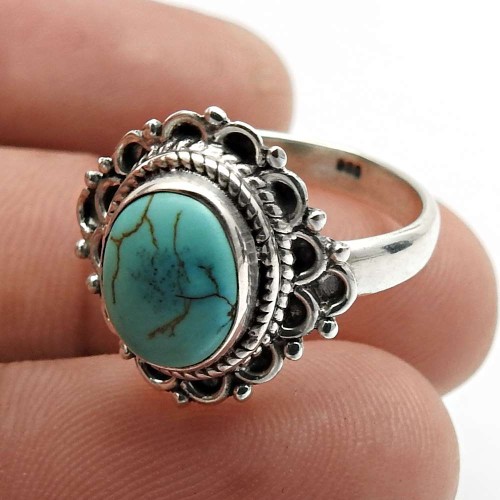 Turquoise Gemstone Jewelry 925 Sterling Silver Ring Size 6 H52