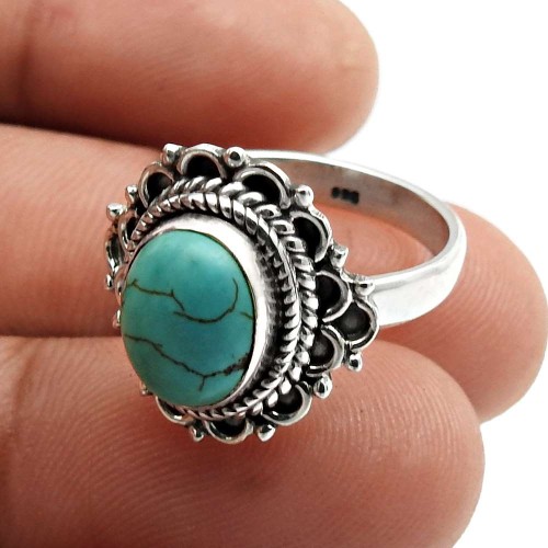 Turquoise Gemstone Jewelry 925 Fine Sterling Silver Ring Size 6 K52