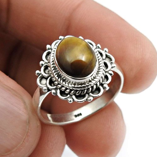 Tiger'S Eye Gemstone Jewelry 925 Sterling Silver Ring Size 6 I53