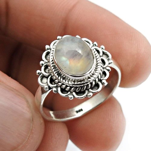 Rainbow Moonstone Gemstone Ring Size 9 925 Sterling Silver Jewelry A52