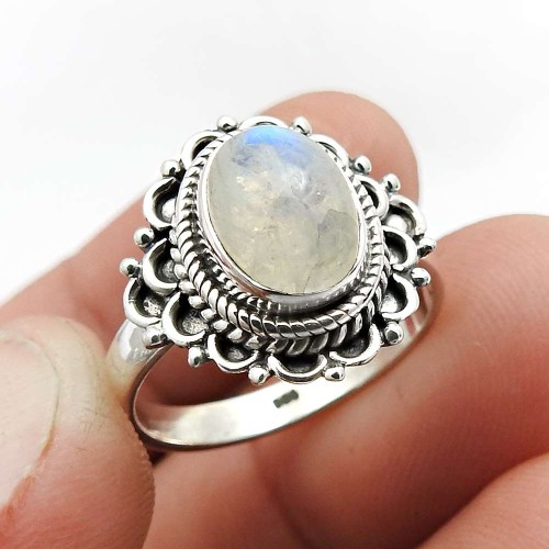 Rainbow Moonstone Gemstone Jewelry 925 Fine Sterling Silver Ring Size 7 B52