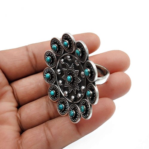 Turquoise Gemstone Jewelry 925 Sterling Silver Artisan Ring Size 8 G13