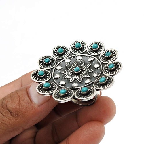 Turquoise Gemstone Jewelry 925 Sterling Silver Antique Ring Size 8 H13