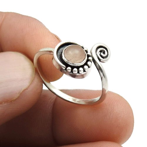 925 Sterling Fine Silver Jewelry Rose Quartz Gemstone Ring Size 7.5 Q4