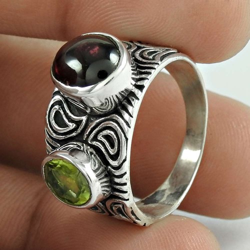 925 Sterling Silver Indian Jewelry Beautiful Garnet, Peridot Gemstone Ring