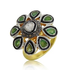925 Sterling Silver Jewellery Ethnic Diamond, Inlay, Emerald Ring