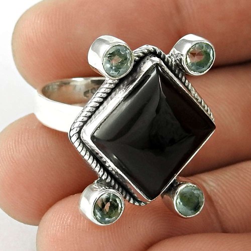 925 Sterling Silver Vintage Jewelry Ethnic Black Onyx, Blue Topaz Gemstone Ring