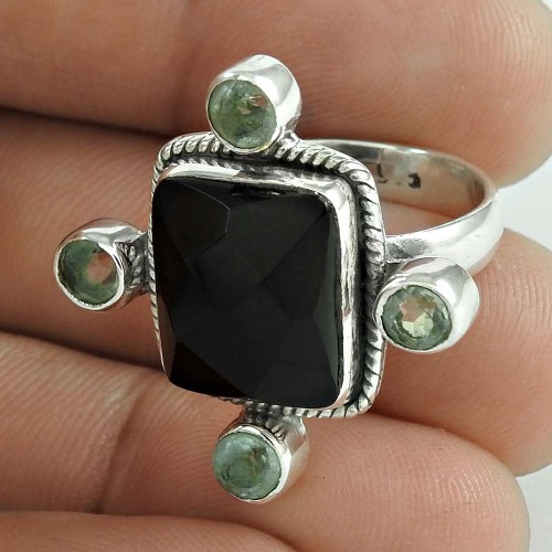 Indian Sterling Silver Jewelry Fashion Black Onyx, Blue Topaz Gemstone Ring