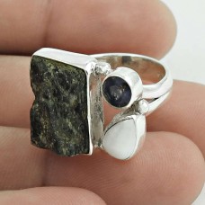 Pretty 925 Sterling Silver Kyanite, Iolite, Pearl Gemstone Ring Size 7 Vintage Jewelry I38