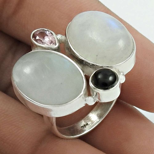 Pretty 925 Sterling Silver Rainbow Moonstone, Black Onyx, Pink C.Z Gemstone Ring Size 8 Handmade Jewelry I97
