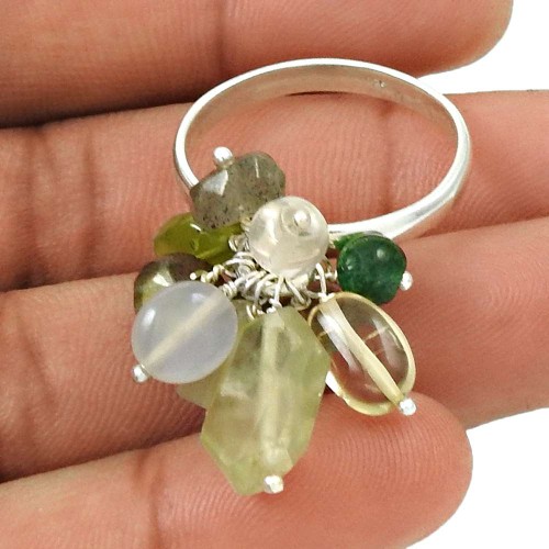 Natural CRYSTAL PREHNITE CITRINE CHALCEDONY Beaded Ring Size 10 Silver Fine AE8