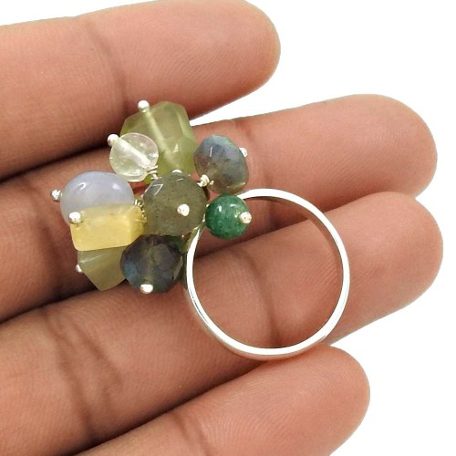 Natural CRYSTAL PREHNITE CITRINE CHALCEDONY Beaded Ring Size 7 Silver Fine AF8