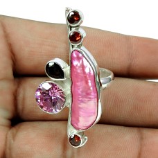 Party Wear Pink Freshwater Pearl, Red C.Z, Garnet, Pink C.Z Gemstone Ring Sterling Silver Jewellery