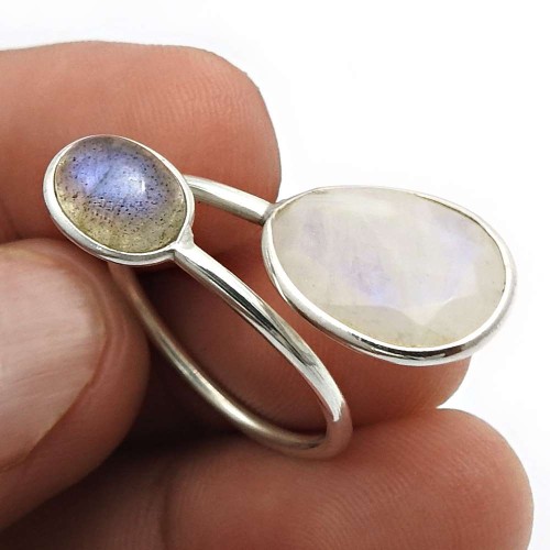 Rainbow Moonstone Labradorite Gemstone Jewelry 925 Silver Open Ring Size 8.5 A54