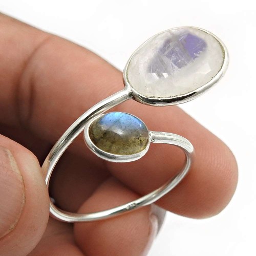 Rainbow Moonstone Labradorite Gemstone Jewelry Silver Open Ring Size 10.5 B54