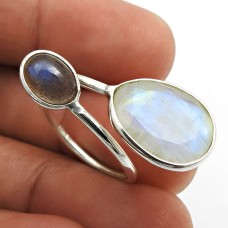 925 Silver Jewelry Rainbow Moonstone Labradorite Gemstone Open Ring Size 6.5 D54