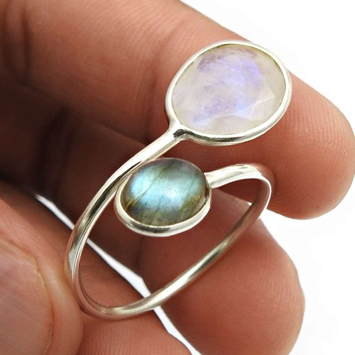 Rainbow Moonstone Labradorite Gemstone Open Ring Size 9.5 925 Silver Jewelry E54