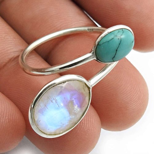 Rainbow Moonstone Turquoise Gemstone Open Ring Size 9 925 Silver Jewelry F54