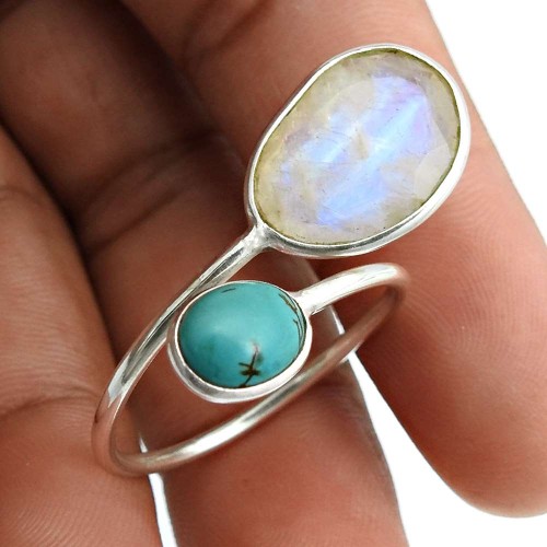 Rainbow Moonstone Turquoise Gemstone Open Ring Size 10 925 Silver Jewelry G54