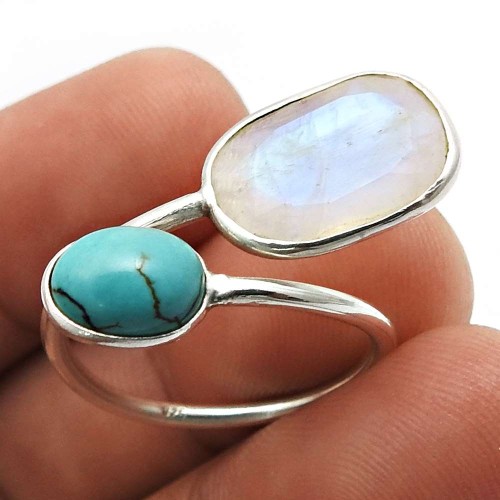 Rainbow Moonstone Turquoise Gemstone Jewelry 925 Silver Open Ring Size 7.5 J54