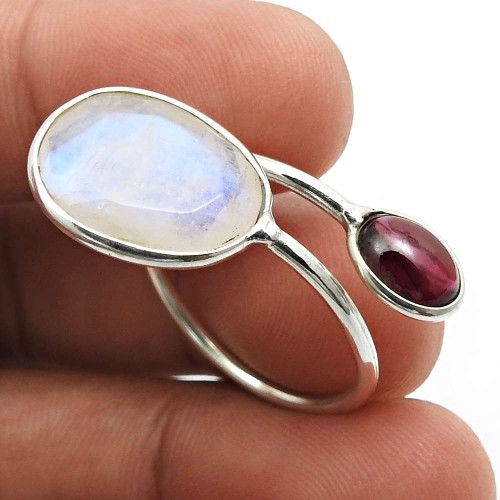 Rainbow Moonstone Garnet Gemstone Jewelry 925 Silver Open Ring Size 9 L54