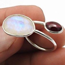 925 Fine Silver Jewelry Rainbow Moonstone Garnet Gemstone Open Ring Size 7.5 B55