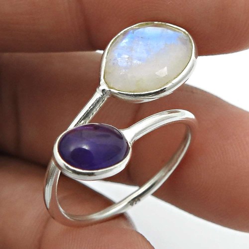 925 Silver Jewelry Rainbow Moonstone Amethyst Gemstone Open Ring Size 6 E55