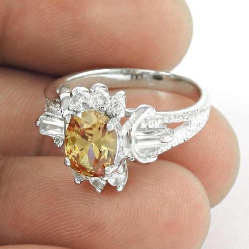 Tropical Glow ! Citrine, White CZ Gemstone 925 Sterling Silver Ring