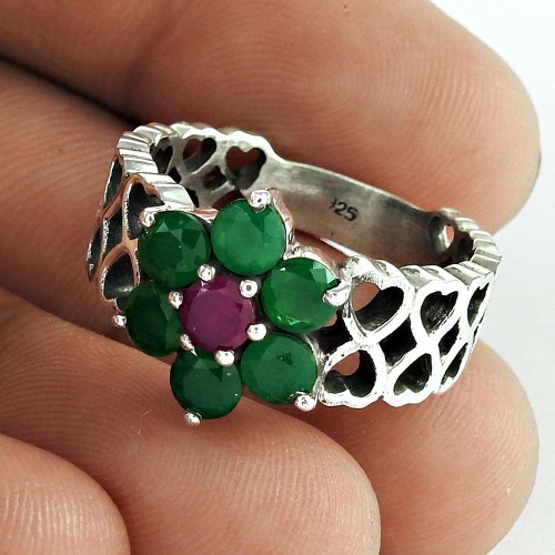 Big Natural!! 925 Sterling Silver Green Onyx, Ruby Ring