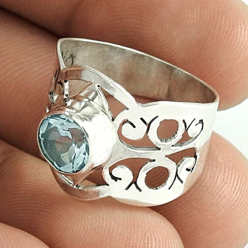 Handmade !! Blue Topaz Gemstone 925 Sterling Silver Ring