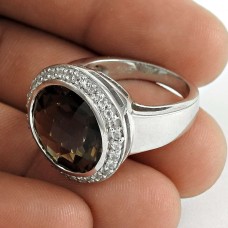 Excellent 925 Sterling Silver Smoky Quartz CZ Gemstone Ring Vintage Jewelry