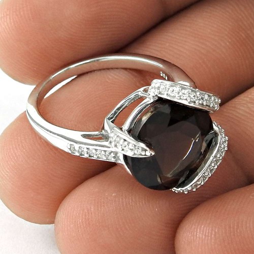 Fashion 925 Sterling Silver Smoky Quartz CZ Gemstone Ring Antique Jewelry