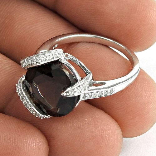 Designer 925 Sterling Silver Smoky Quartz CZ Gemstone Ring Traditional Jewelry